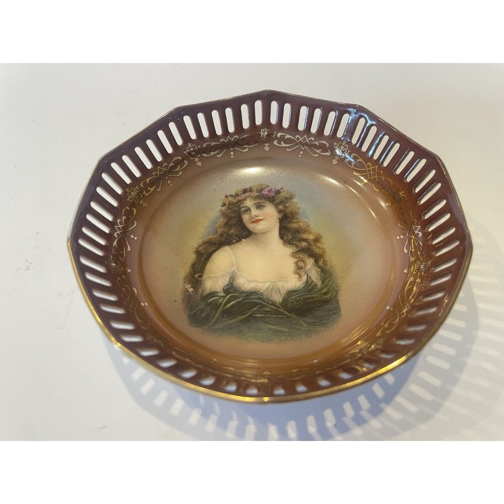 Vtg SCHUMANN Germany 5" BOWL Porcelain WOMAN Lady Portrait Reticulated Gold Trim